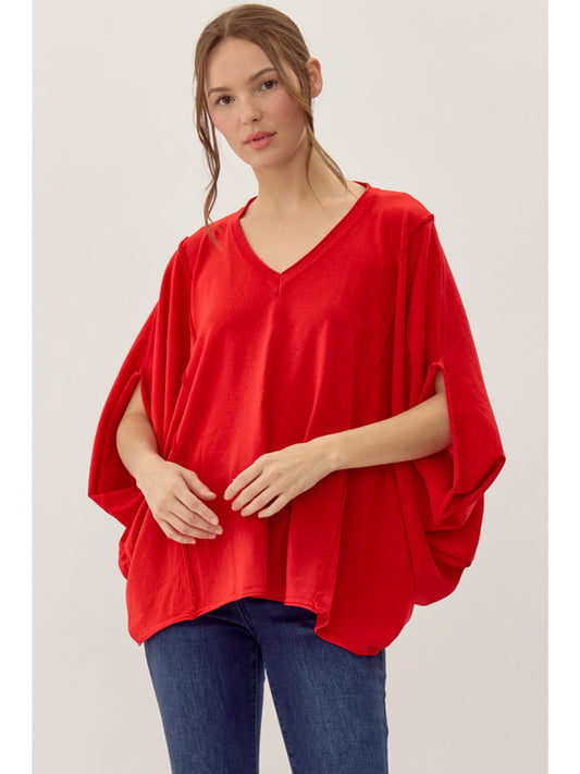 Jodifl Solid Tunic V Neck S/S Top (Red)