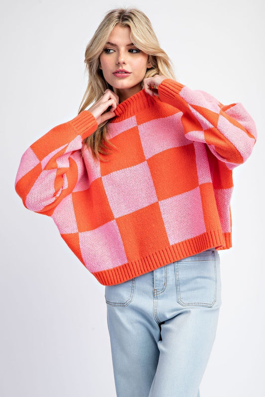 Checkered Print Cropped Sweater Top