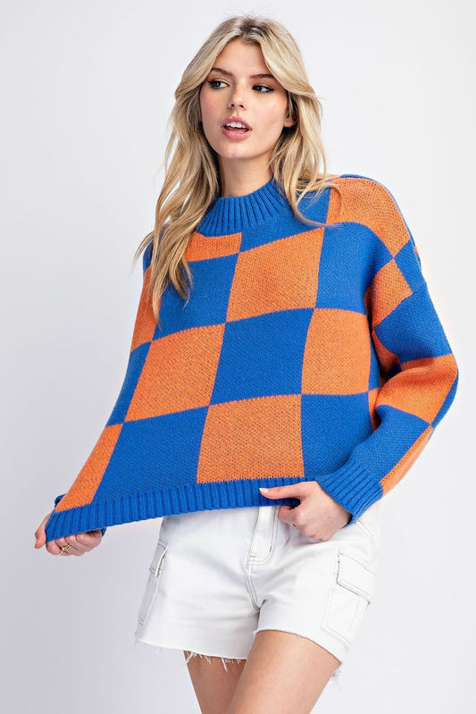 Eesome Checkered Print Cropped Sweater Top (Orange/Blue)