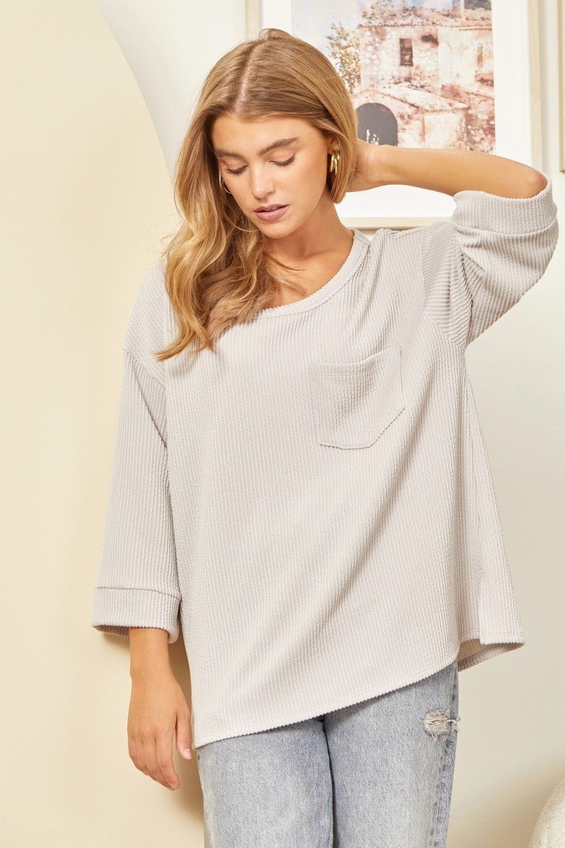 3/4" Sleeve Curly Rib Front Pocket Top