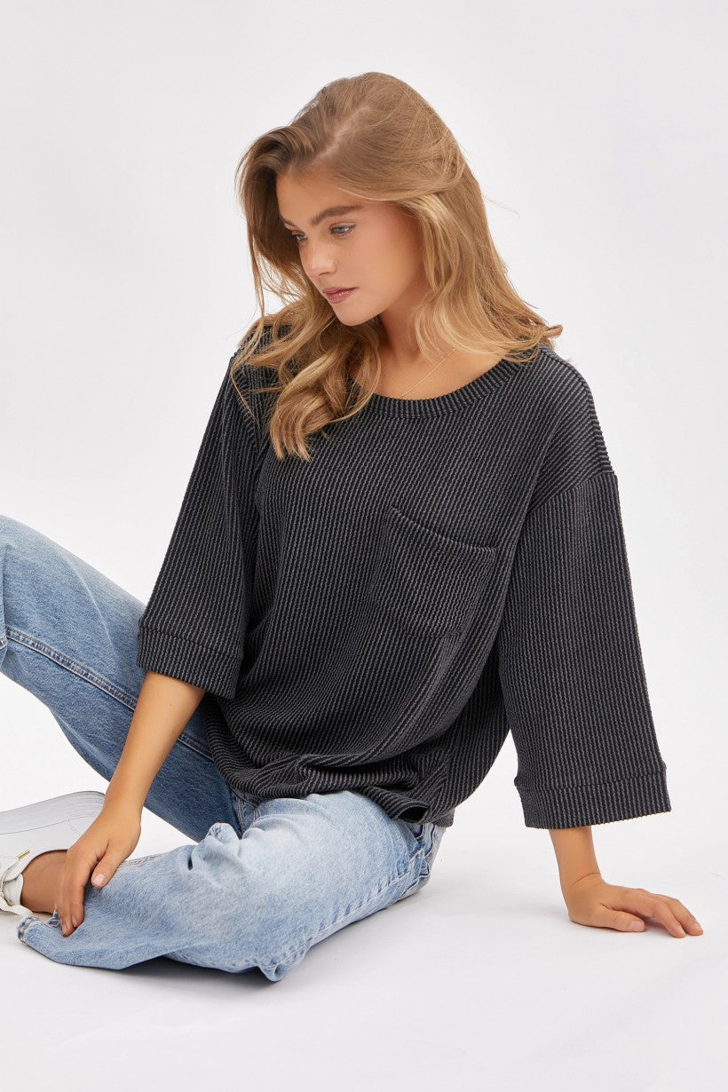 3/4" Sleeve Curly Rib Front Pocket Top