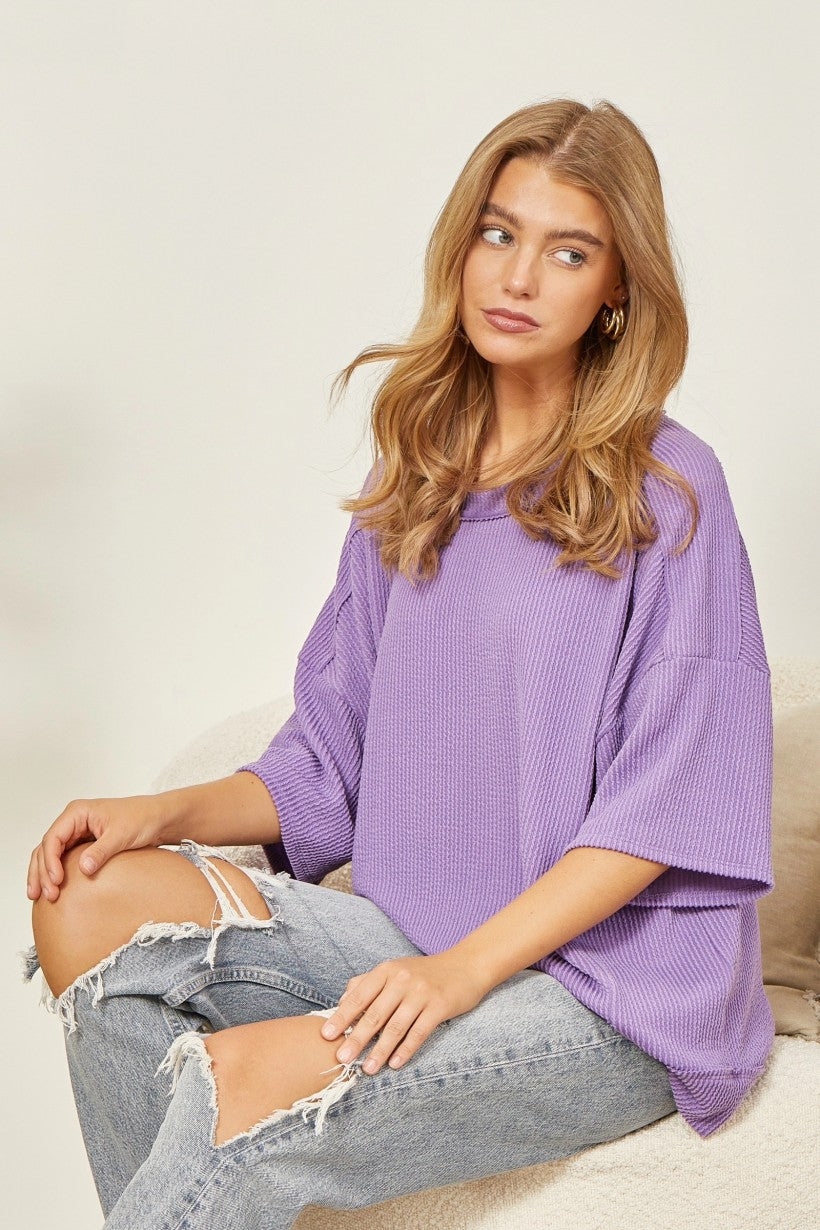 Ribbed Round Neck Drop Shoulder Top