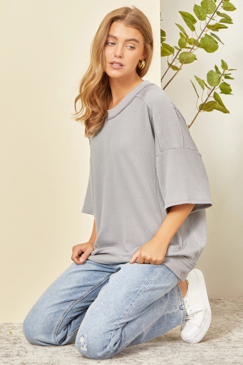 Ribbed Round Neck Drop Shoulder Top