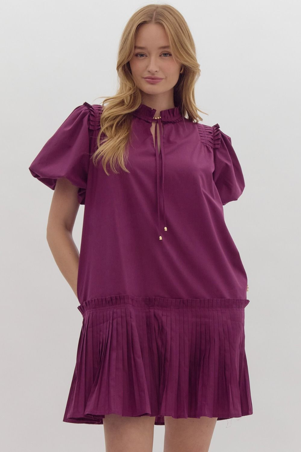 Pleated V Neck Dress (Dark Plum)