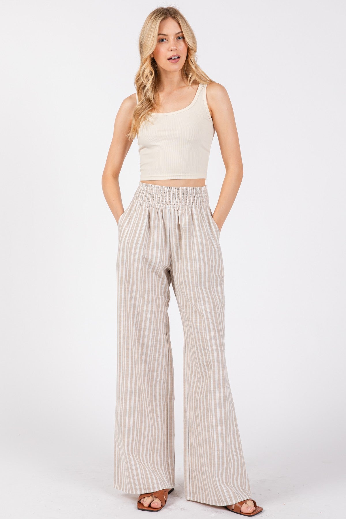 Smocked Waistband Wide Leg Pant