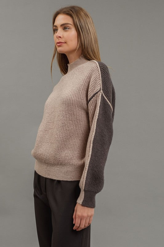 Plus Ladies Colorblock Mock Neck exposed Seam Knit Sweater (Mocha)