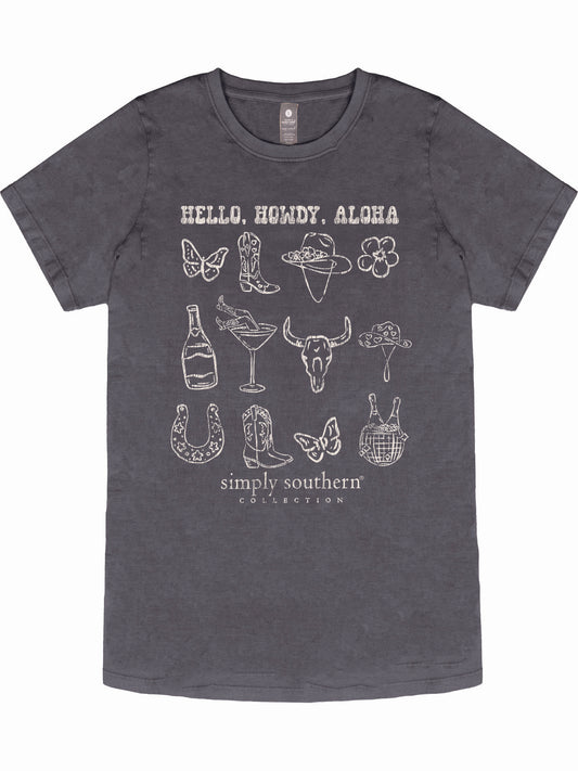 Ladies' Simply Southern Hello Howdy Aloha S/S (Washed Coal)