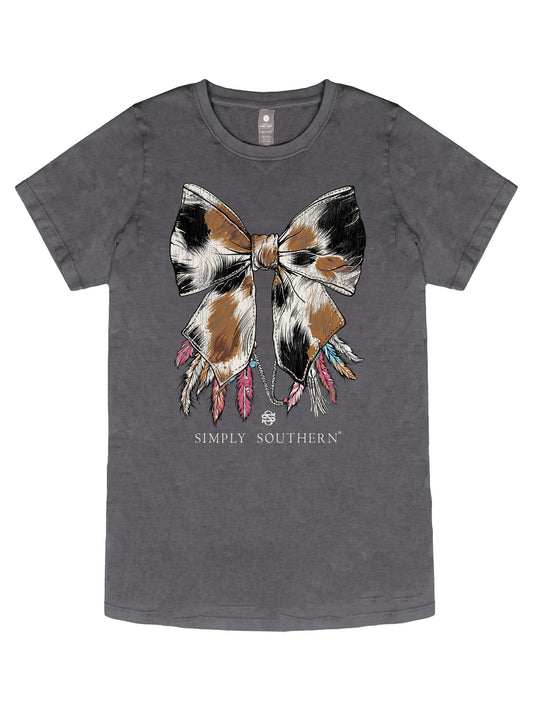 Ladies' Simply Southern Cow Pattern Bow w/Feathers S/S (Washed Coal)