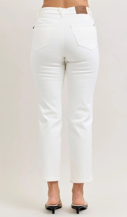 Ladies' Judy Blue HW Tummy Control Ankle Straight Denim Jean (White)