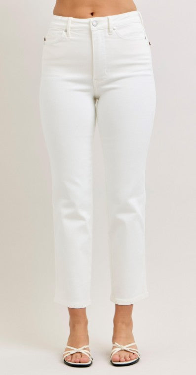Ladies' Judy Blue HW Tummy Control Ankle Straight Denim Jean (White)
