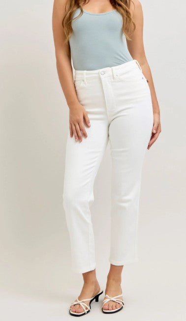 Ladies' Judy Blue HW Tummy Control Ankle Straight Denim Jean (White)