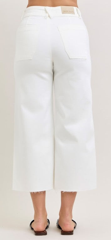 Ladies' Judy Blue HW Wide Crop Front Patch Pocket Jeans (White)