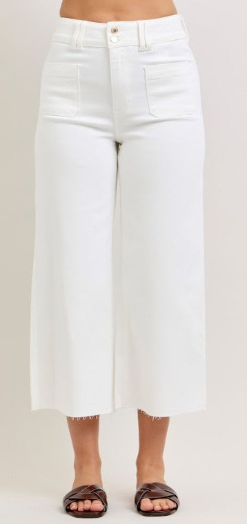 Ladies' Judy Blue HW Wide Crop Front Patch Pocket Jeans (White)