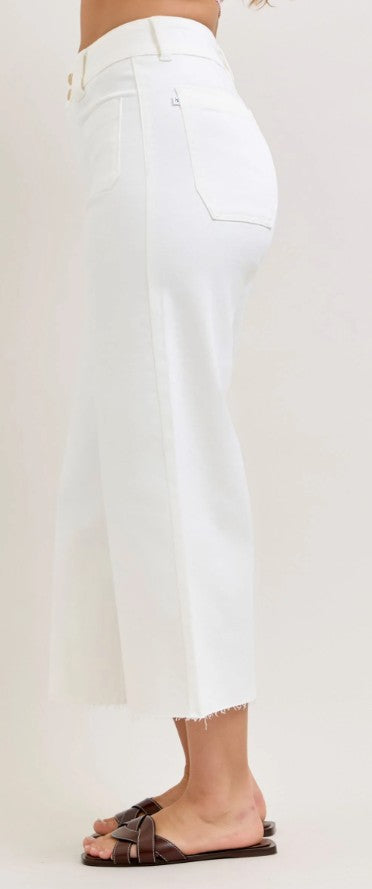 Ladies' Judy Blue HW Wide Crop Front Patch Pocket Jeans (White)