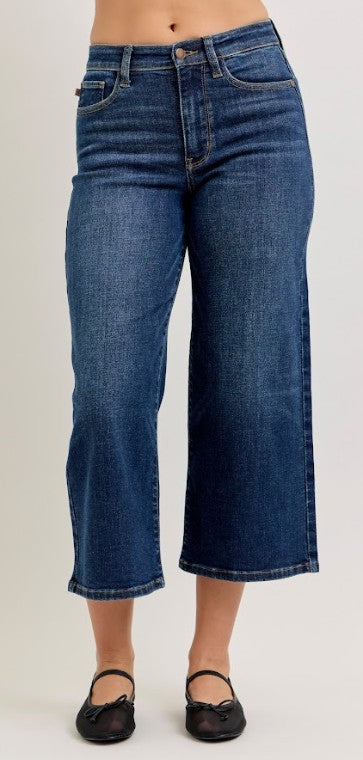 Ladies' Judy Blue HW Ankle Wide Stretch Denim Jeans (Dark Wash)