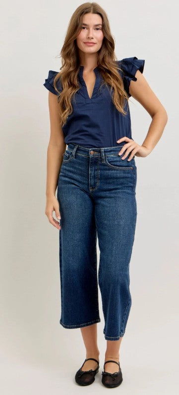 Ladies' Judy Blue HW Ankle Wide Stretch Denim Jeans (Dark Wash)