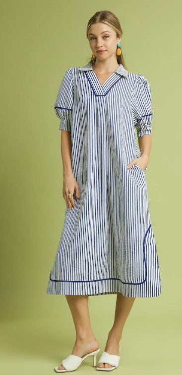 Women's Blu Pepper Stripe Midi Dress Puff S/S Dress