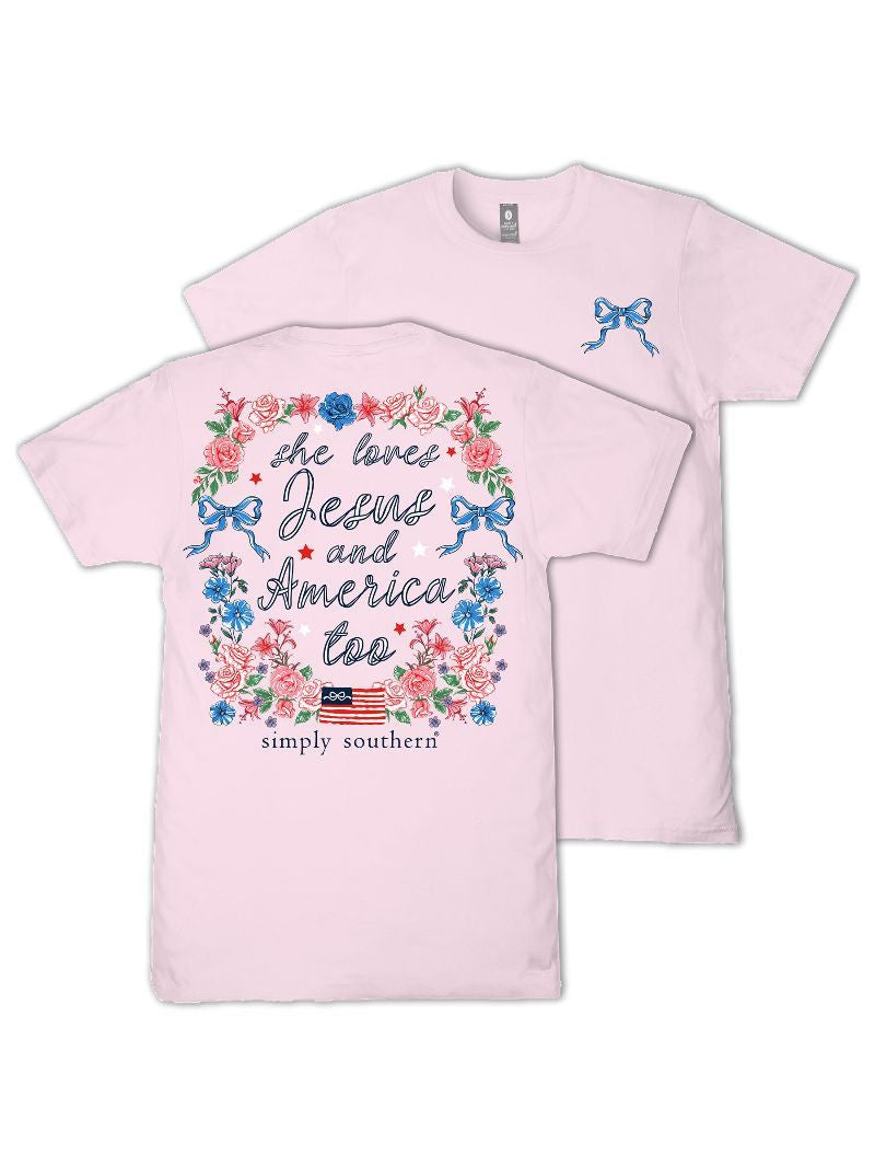 Ladies' Simply Southern Jesus & America SS (Peony)