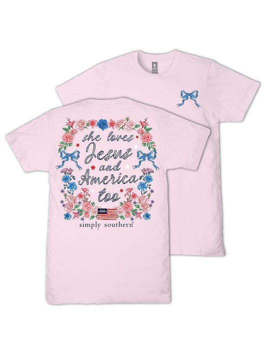 Ladies' Simply Southern Jesus & America SS (Peony)
