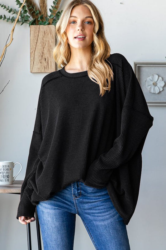 Heimish Long Sleeve Solid Curly Ribbed Top