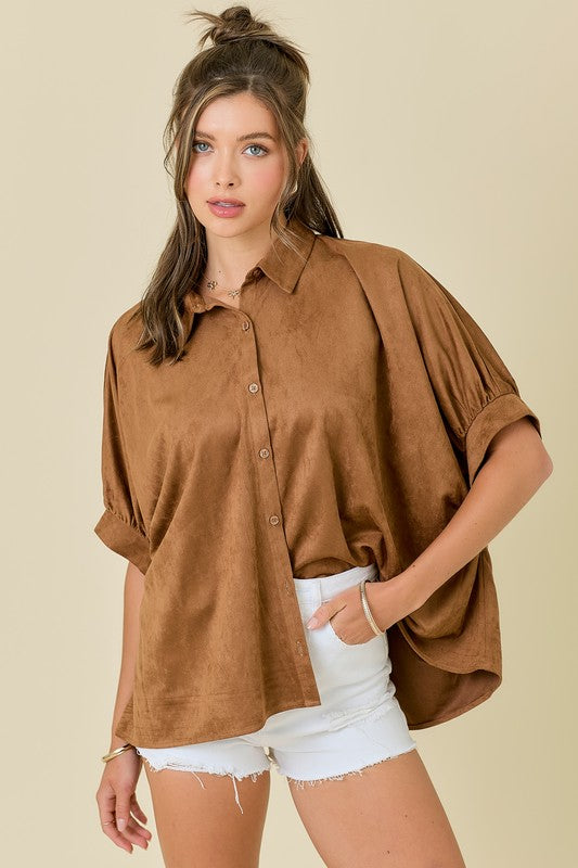 DAY+MOON Suede Oversized Button Down Shirt