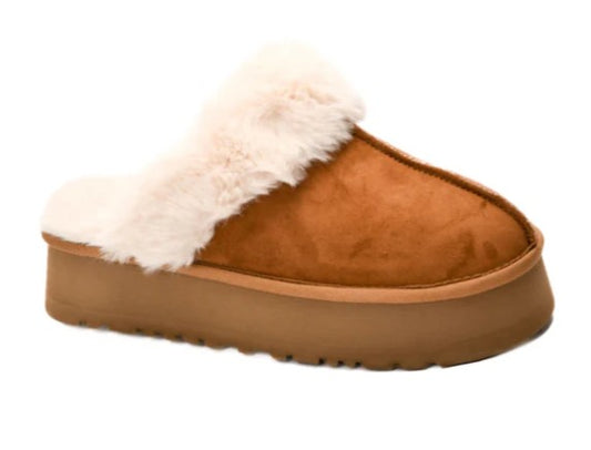 Corkys Cuddle Up Sherpa Lined Platform Mule (Tobacco Faux Suede)