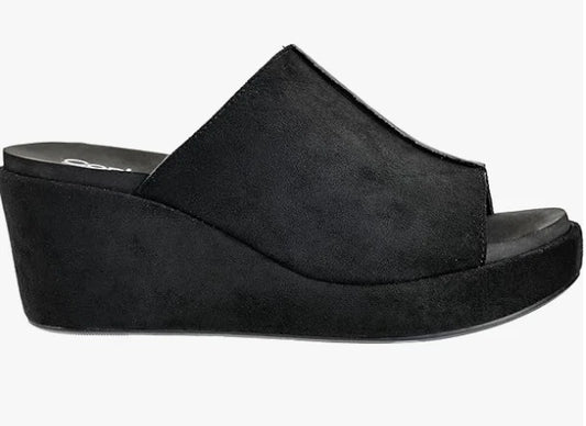 Corkys Here For It Open Toe Wedge Sandal (Black Faux Suede)