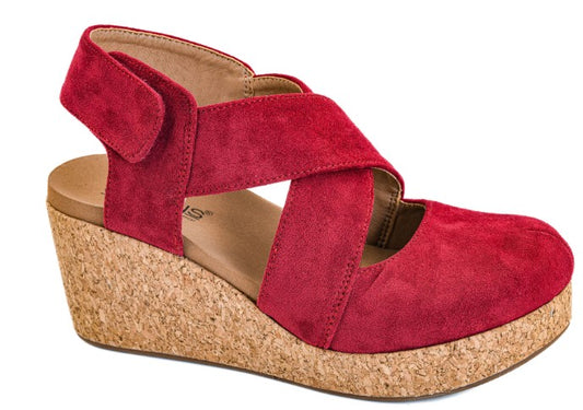 Corkys Closed Case Wedge Sandals (Dark Red Faux Suede)
