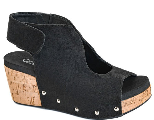 Corkys Frisky Wedge Sandals (Black Faux Suede)