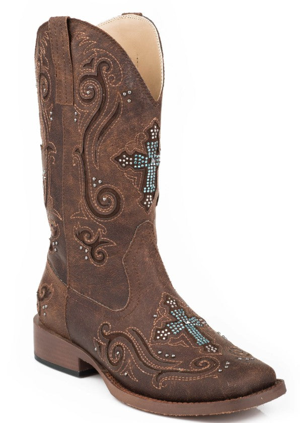 Women's Roper Vintage Brown Faux Leather W/Crystal & Cross Cowboy Boot