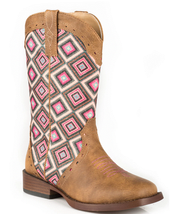 Roper Little Girls Triad Geometric Design Square Toe Boot