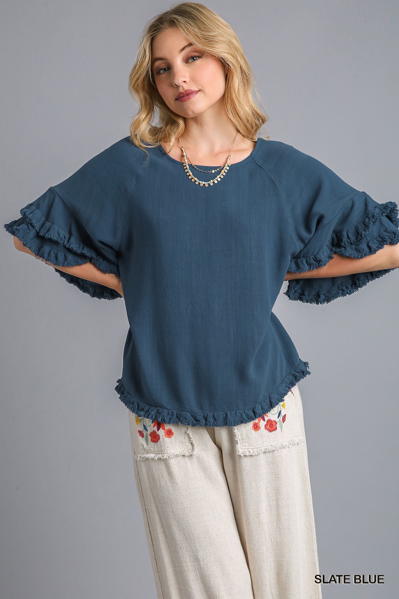 Ladies Linen Double Layered Ruffle Frayed Hem Top