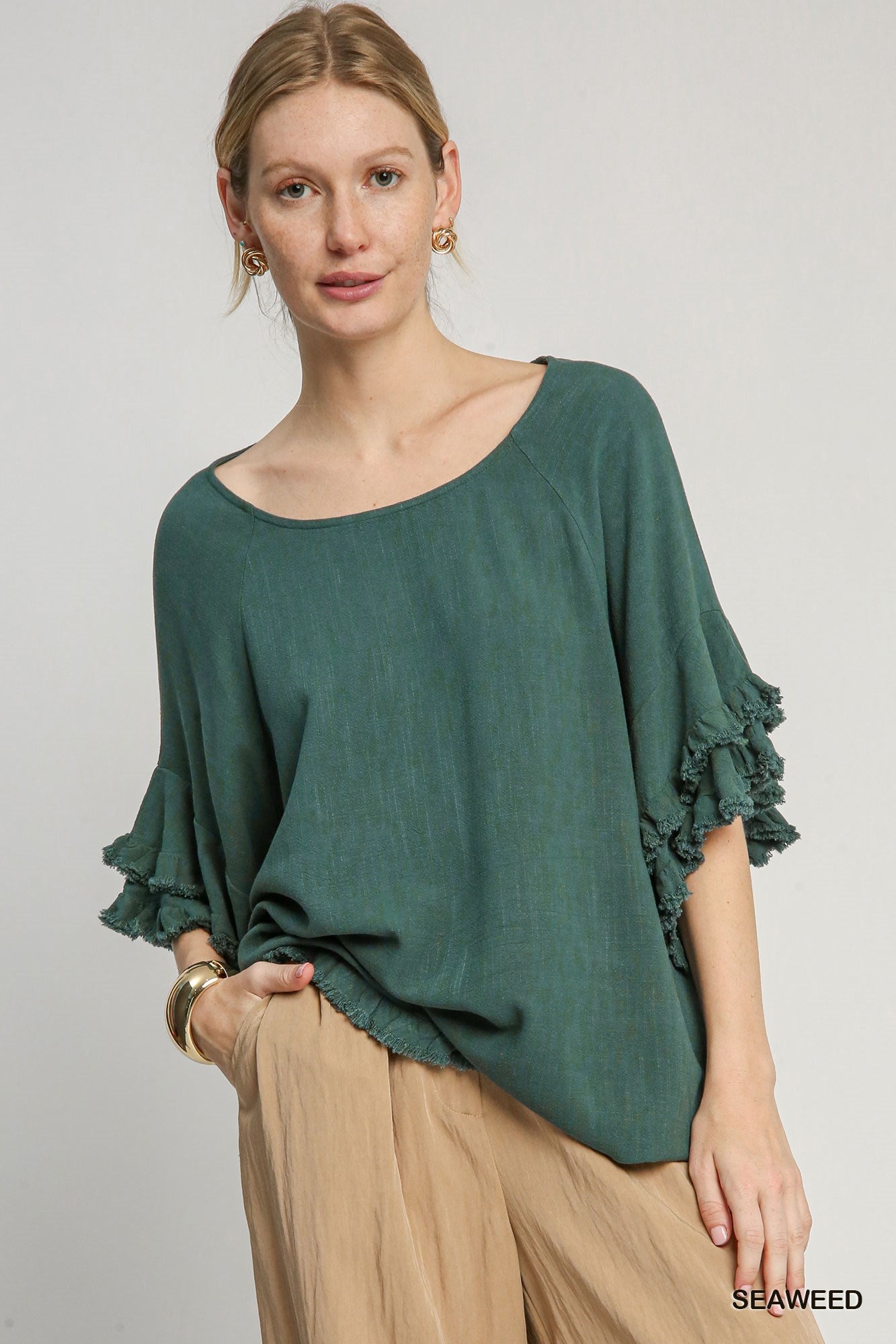 Ladies Linen Double Layered Ruffle Frayed Hem Top