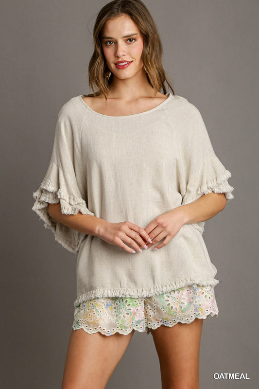 Ladies Linen Double Layered Ruffle Frayed Hem Top