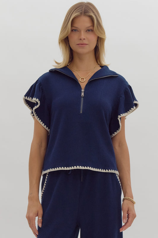 Entro Ribbed Half Zip W/Contrast S/S Top (Navy)