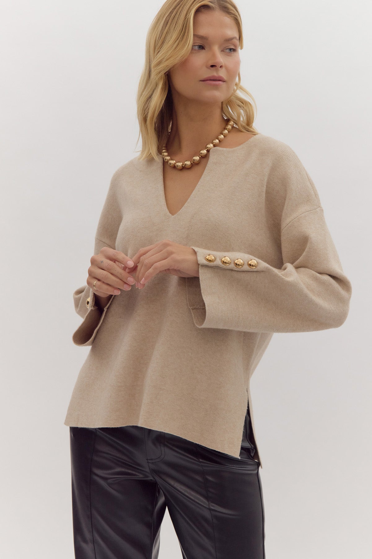 Oatmeal Gold Button Sweater