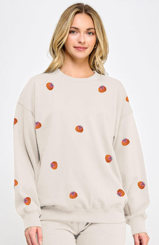 L/S Pumpkin W/Bows Sweatshirt (Ivory)