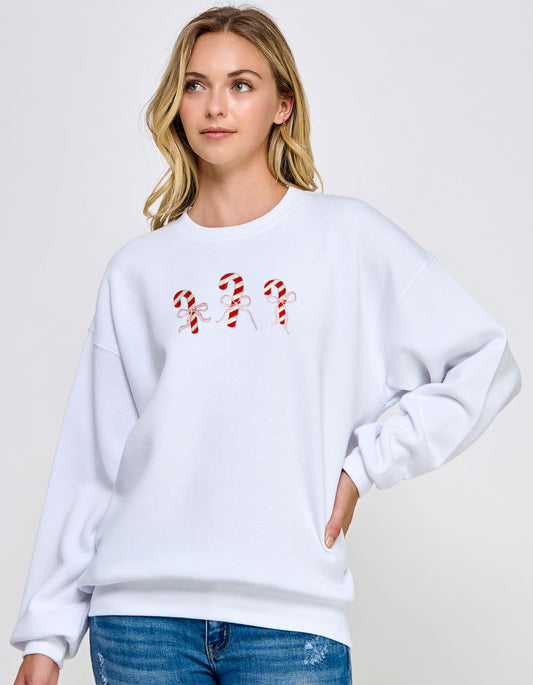Juniors' Candy Cane W/Bows Sweatshirt (White)