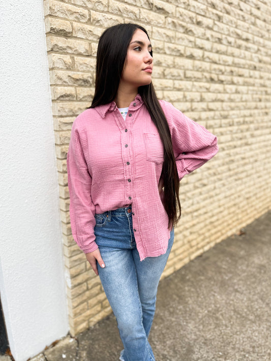 Linen Button Down Top (Light Rose)