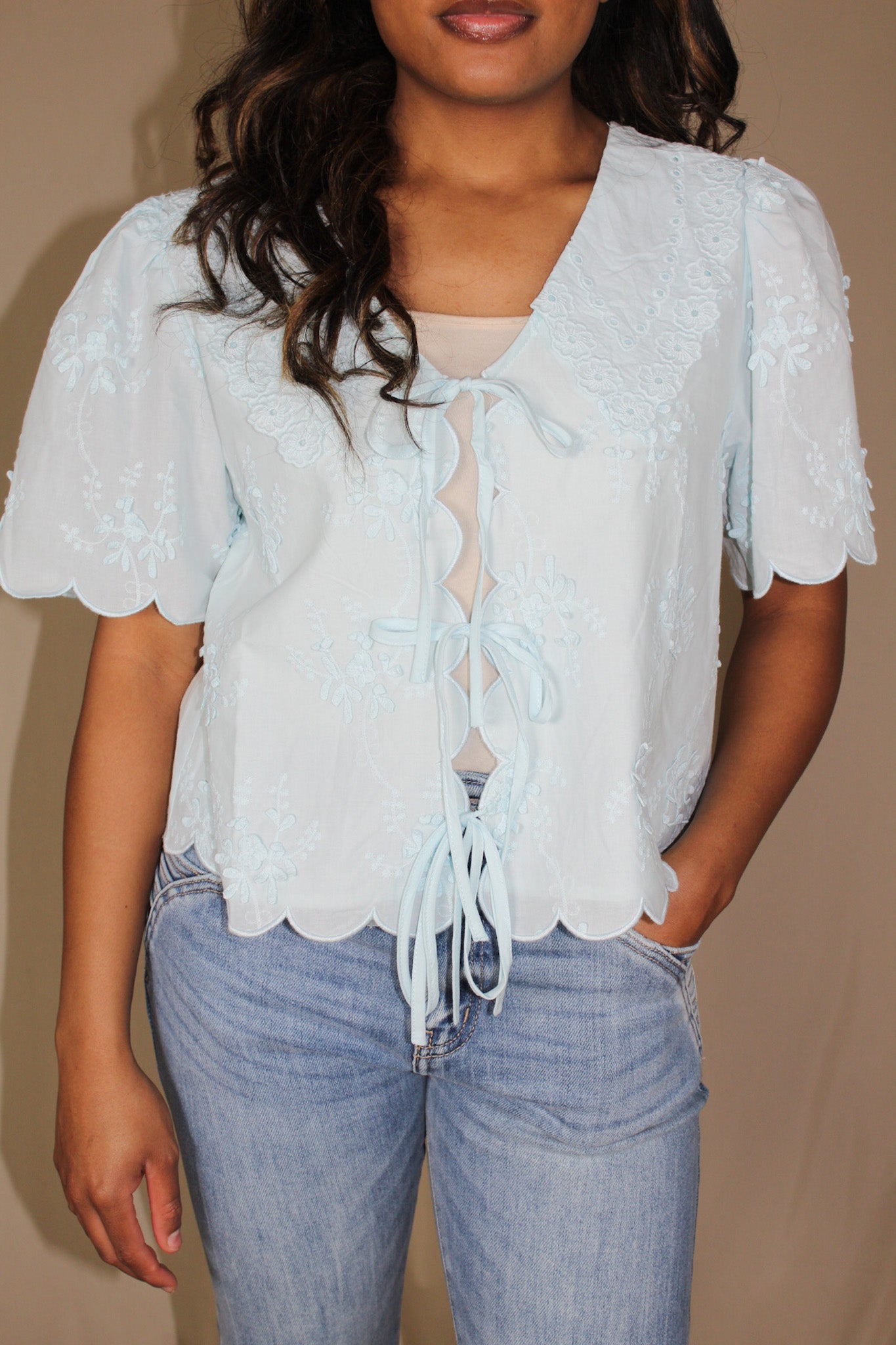 Lace Trim Woven Top (White)