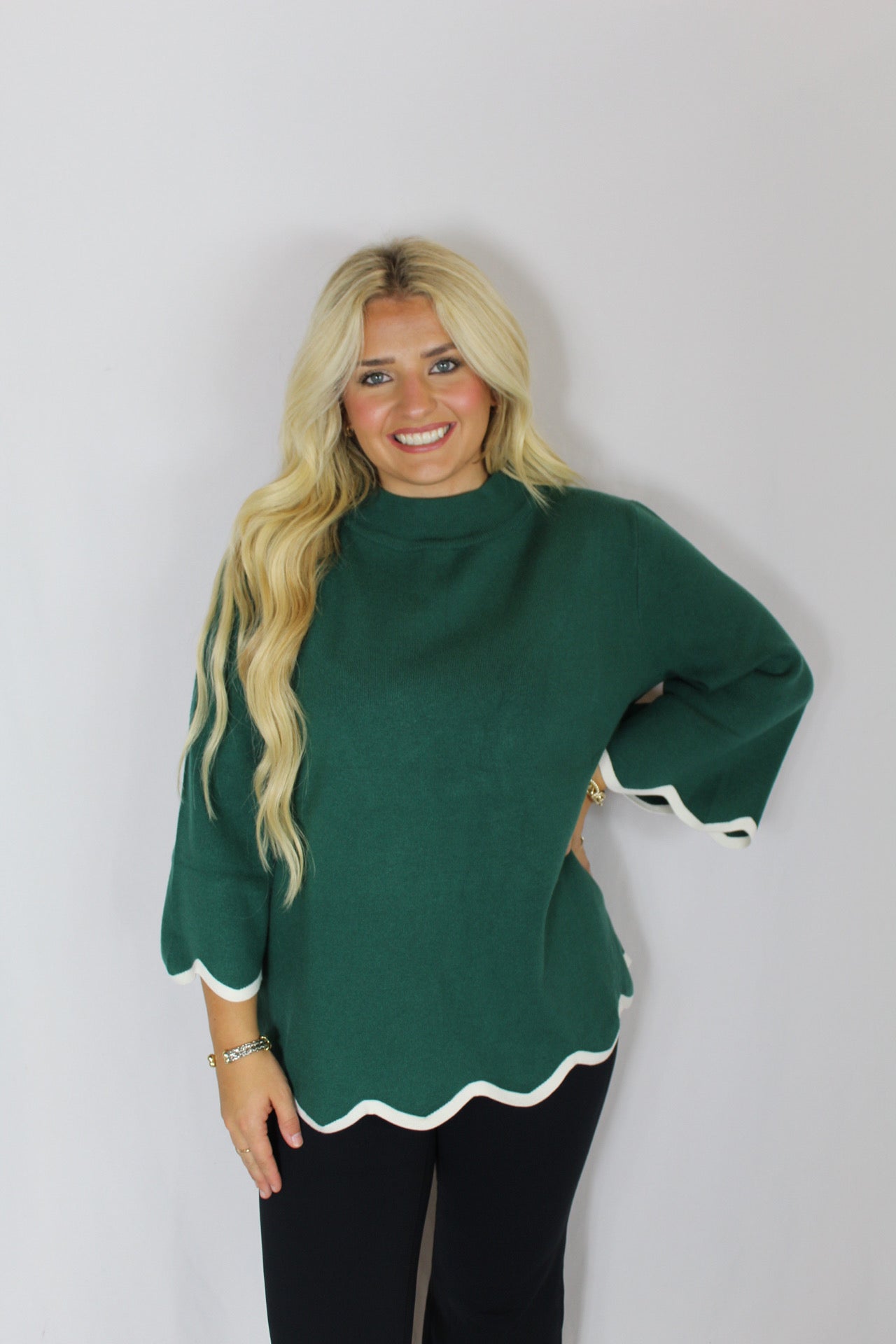 Mock Neck & Scallop Detail 3/4 Sleeve Sweater