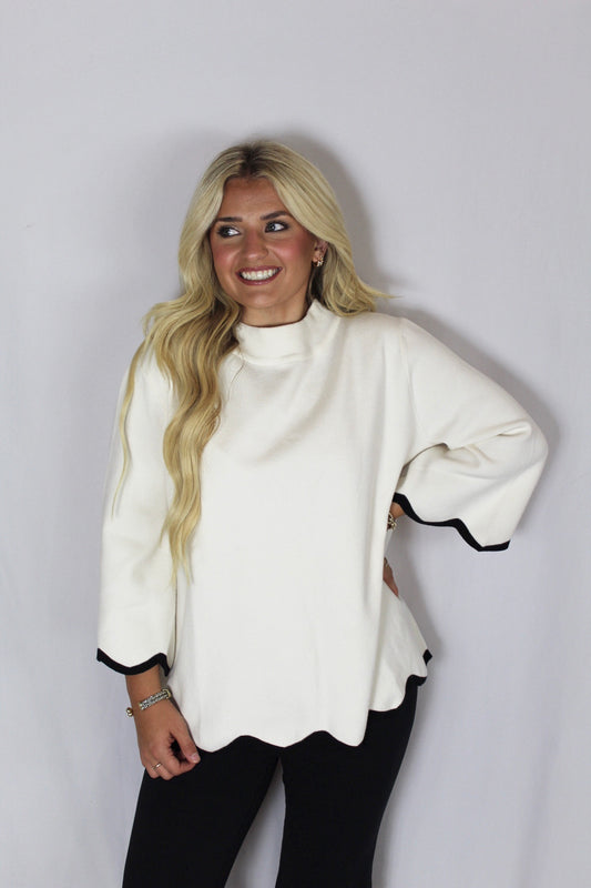 Mock Neck & Scallop Detail 3/4 Sleeve Sweater
