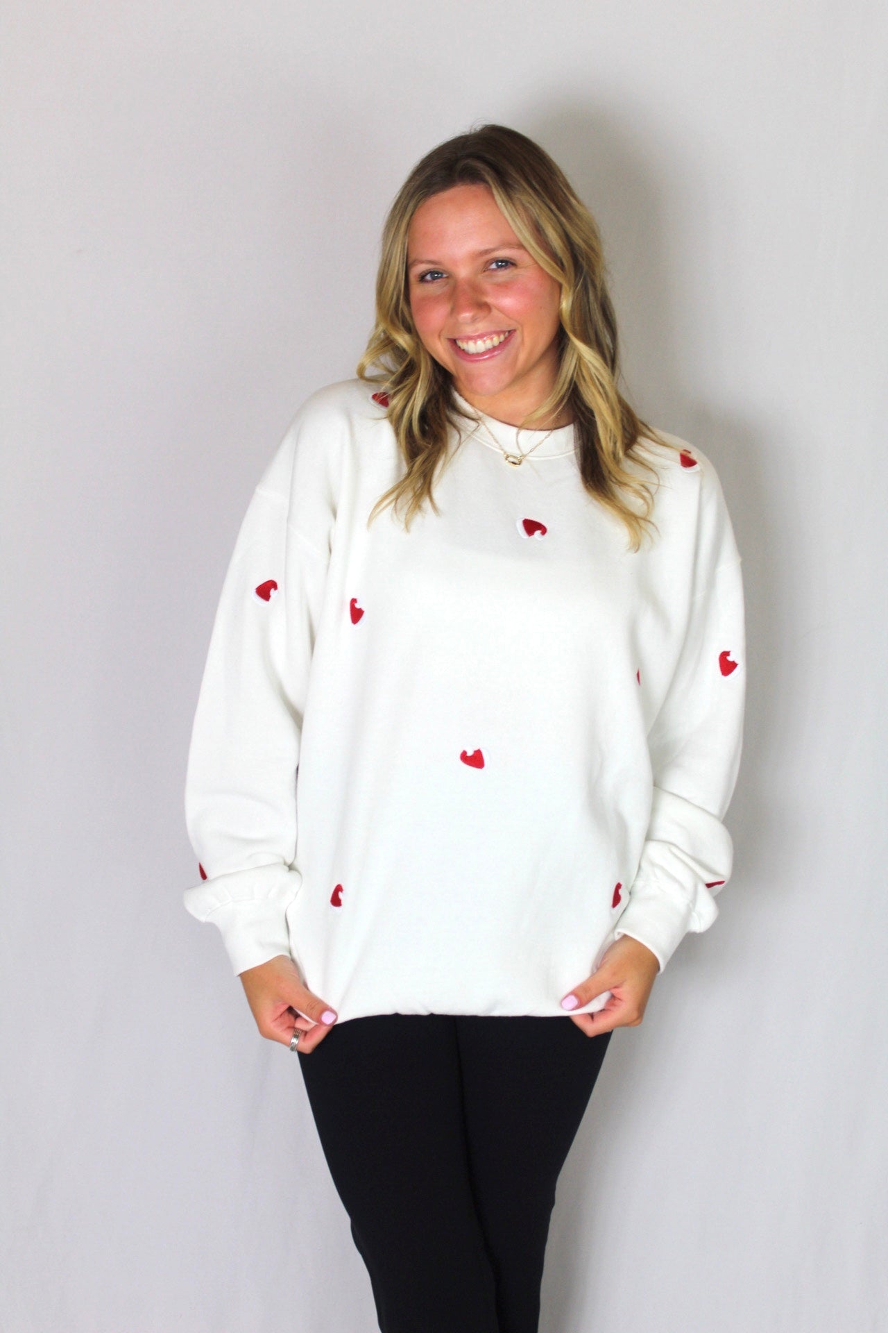Ladies' Embroidered Santa Hats Sweatshirt (Ivory)