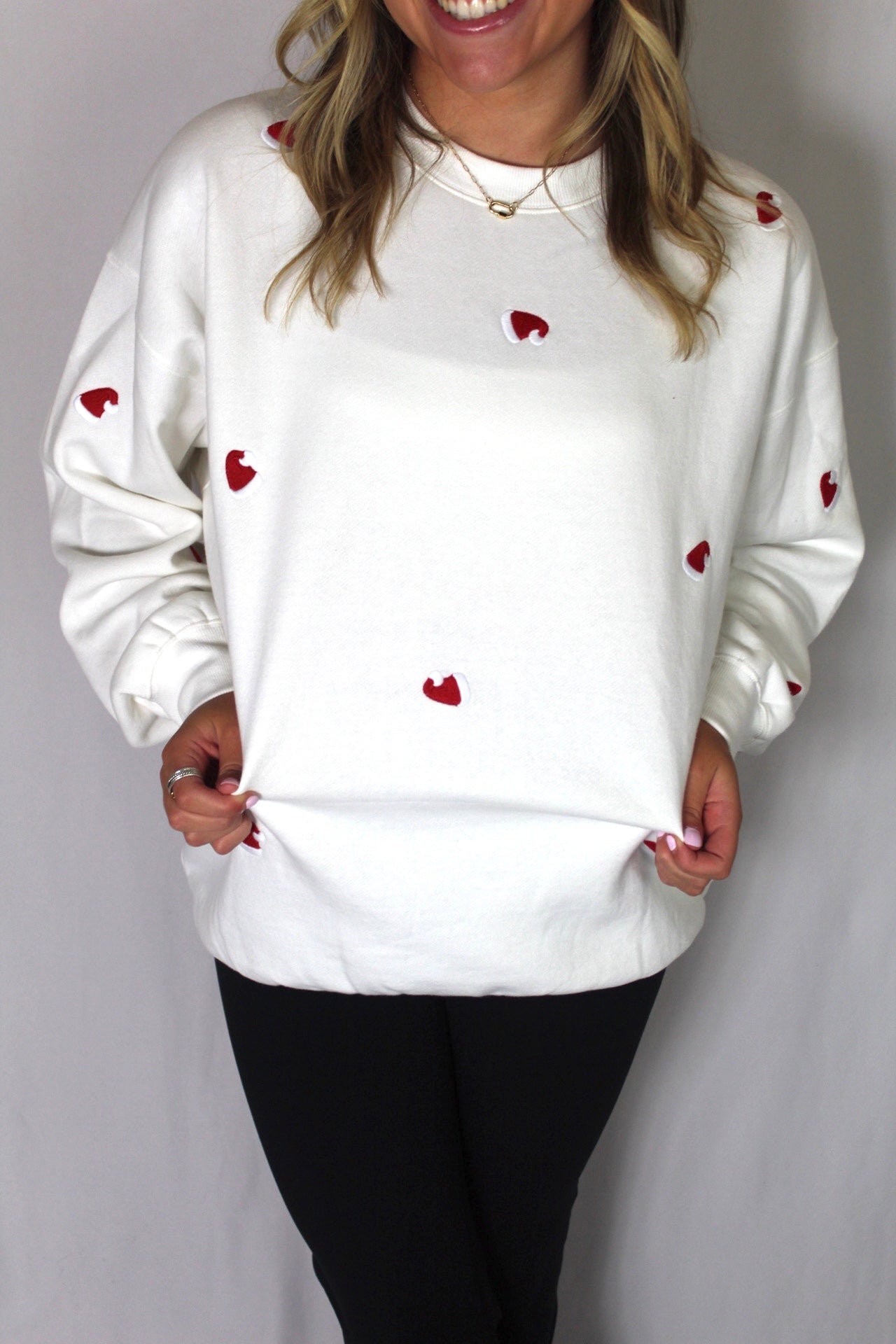 Ladies' Embroidered Santa Hats Sweatshirt (Ivory)