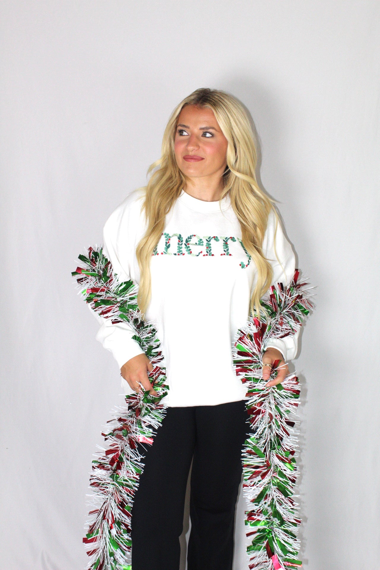 Ladies' Embroidered Merry Mistletoe Sweatshirt (Ivory)