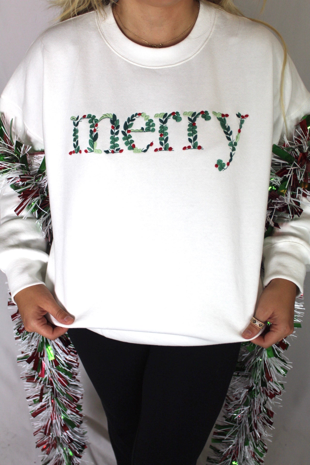 Ladies' Embroidered Merry Mistletoe Sweatshirt (Ivory)