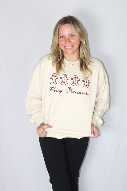 Ladies' Embroidered Gingerbread Men (Merry Christmas) Sweatshirt (Cream)