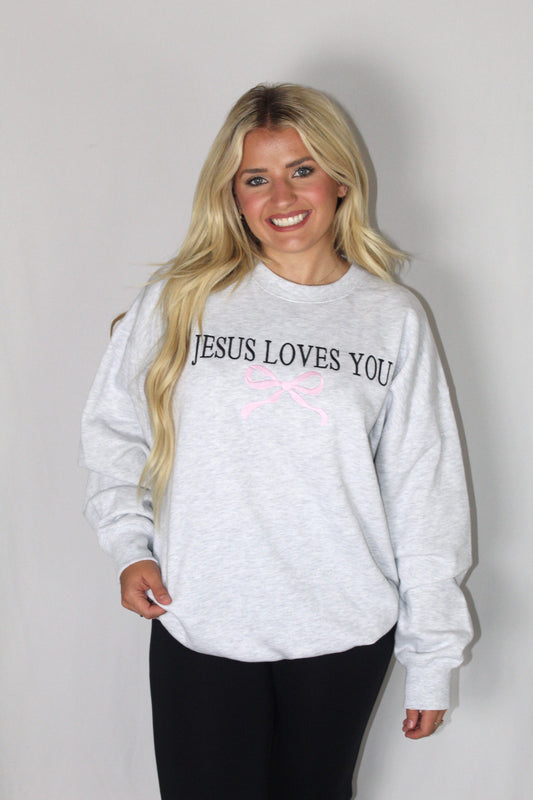 Emboried Jesus Loves You W/Bow Sweatshirt (Ice Grey)