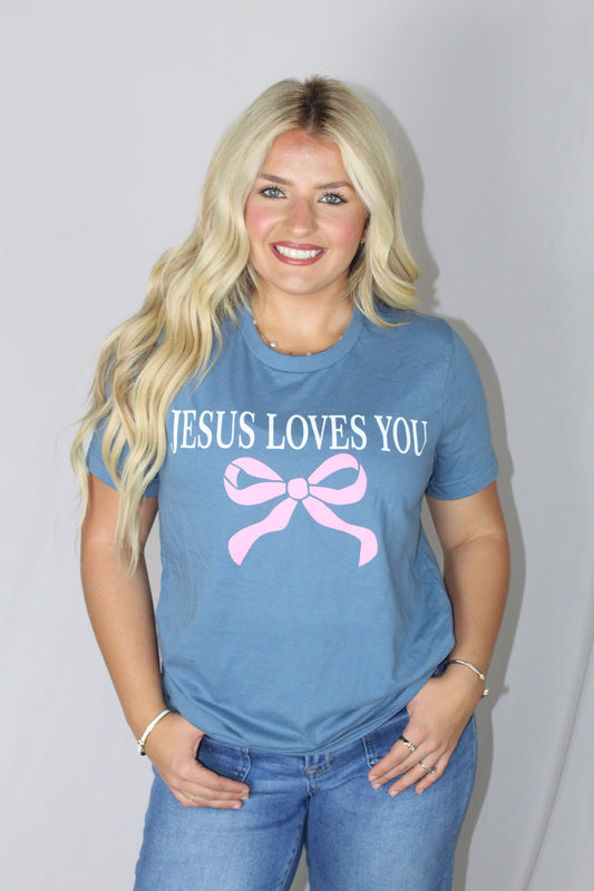 Ladies' Jesus Loves You W/Bow S/S Tee (Slate Blue)