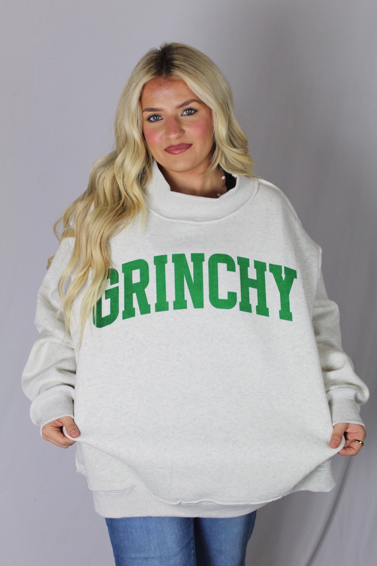 Bucketlist Reversible (GRINCHY/NAUGHTY) Mockneck Sweatshirt (Heather Grey/Green)